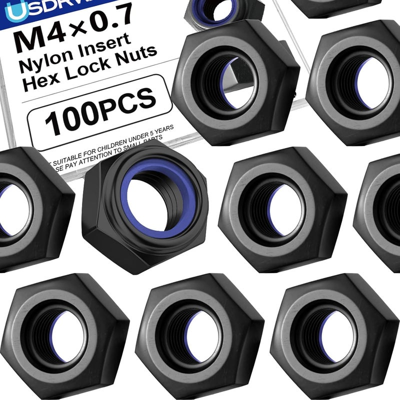 Usdrwam 100 Pack M4 Lock Nuts, 304 Stainless Steel Black PVD Hex Nylock Nuts for Machinery and Construction Equipment - Image 1